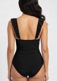 Kanaka- Black v neck ruffel monokini