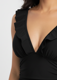 Kanaka- Black v neck ruffel monokini